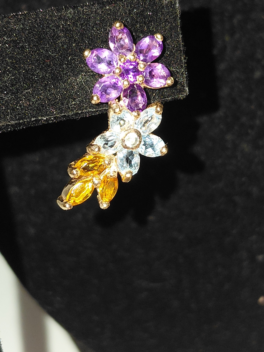 Floral Multi-Gem Cluster Climbing Post Earrings -Amethyst, Blue Topaz & Citrine. - Picture 5 of 6